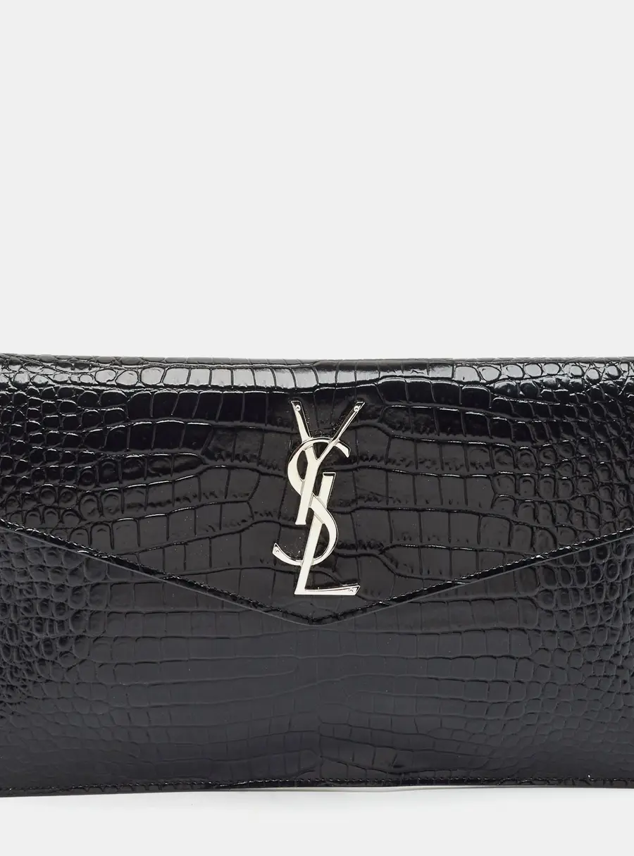 Saint Laurent Uptown Black Croc Embossed Leather Clutch