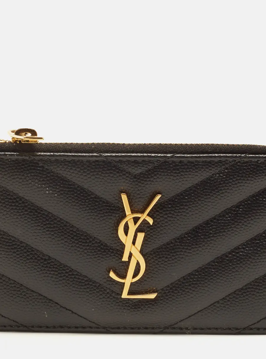 Saint Laurent Cassandre Black Matelass&eacute; Leather Zip Card Holder