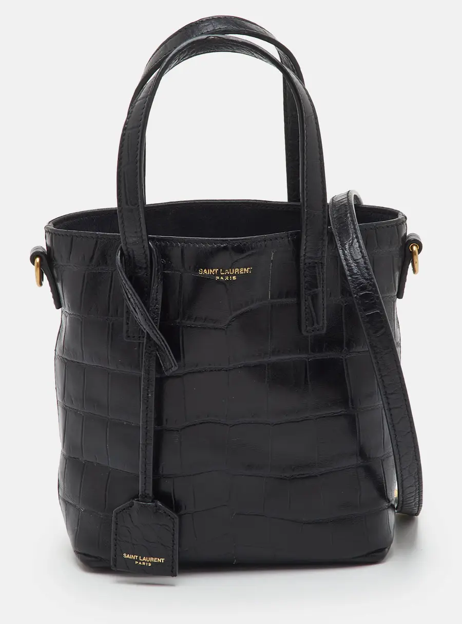 Saint Laurent Toy Mini Black Croc Embossed Leather Tote