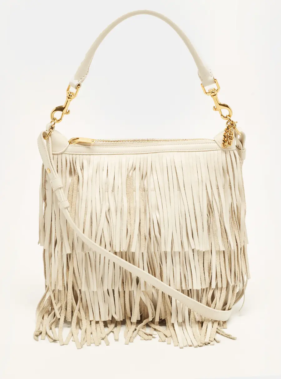 Saint Laurent Fringe Emmanuelle White Leather Hobo