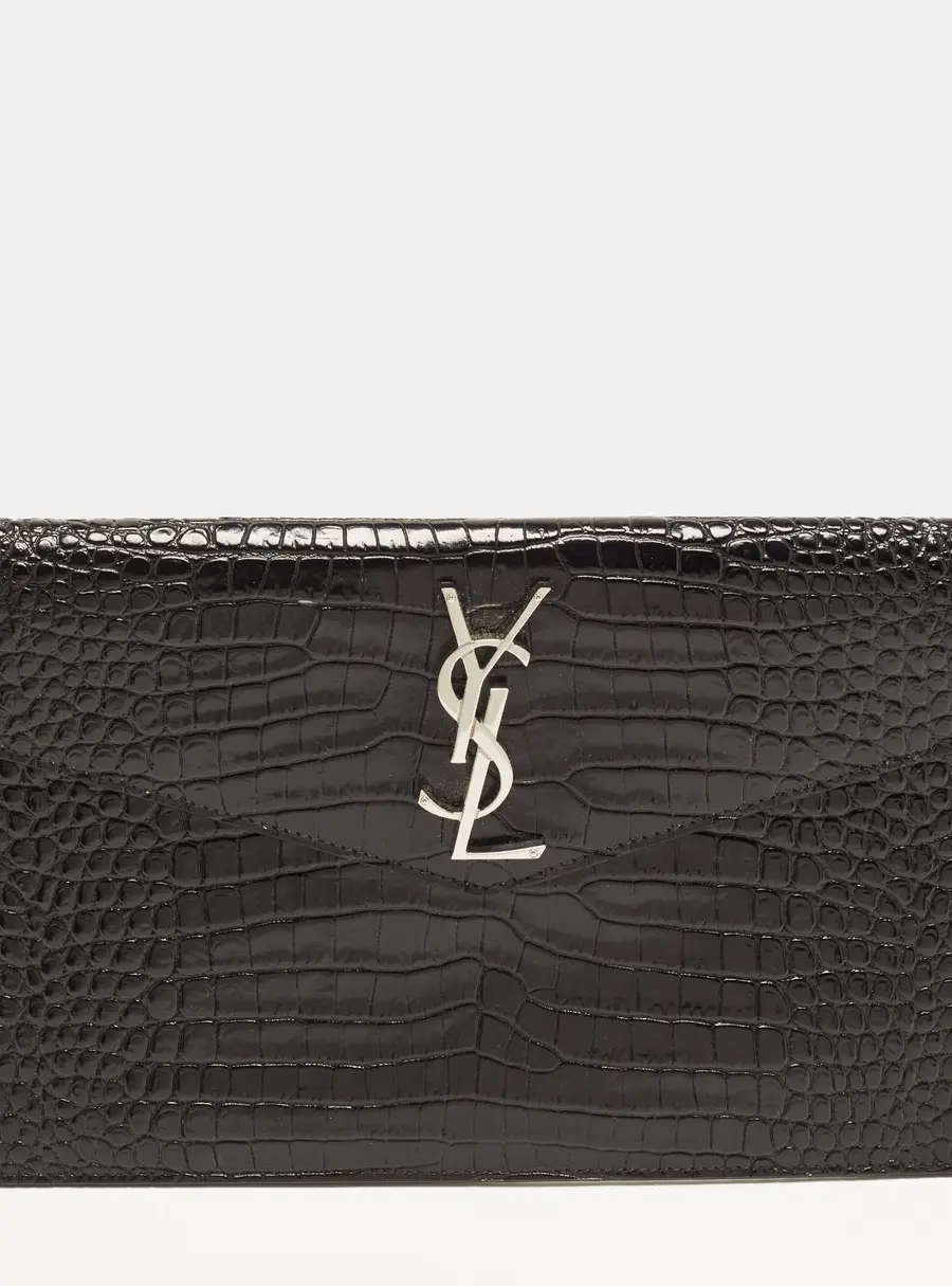 Saint Laurent Uptown Black Croc Embossed Leather Pouch