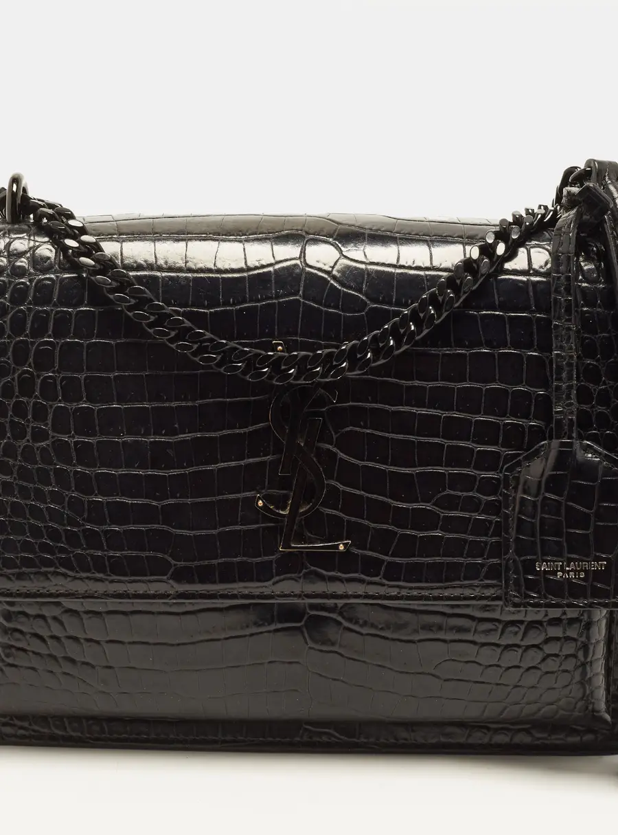 Saint Laurent Sunset Medium Black Croc Embossed Leather Shoulder Bag