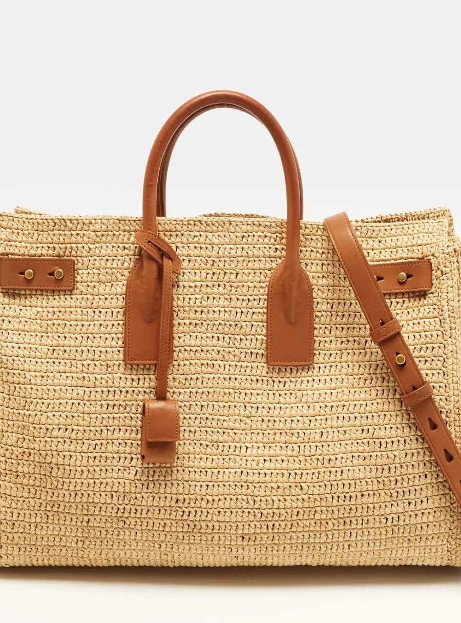 Saint Laurent Sac de Jour Supple Brown/Beige Leather and Raffia Tote