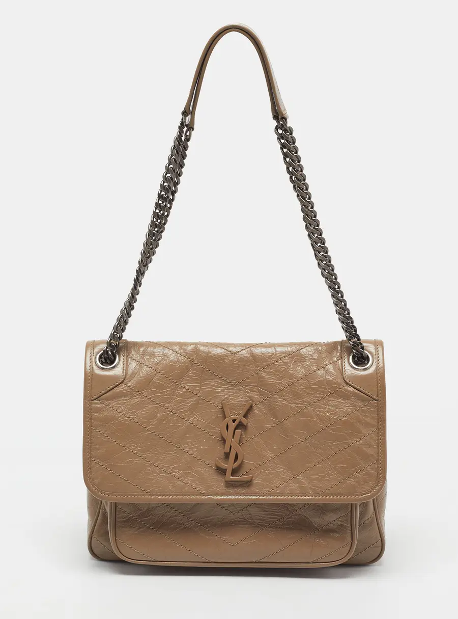 Saint Laurent Nikki Medium Beige Crinkled Matelassé Leather Shoulder Bag