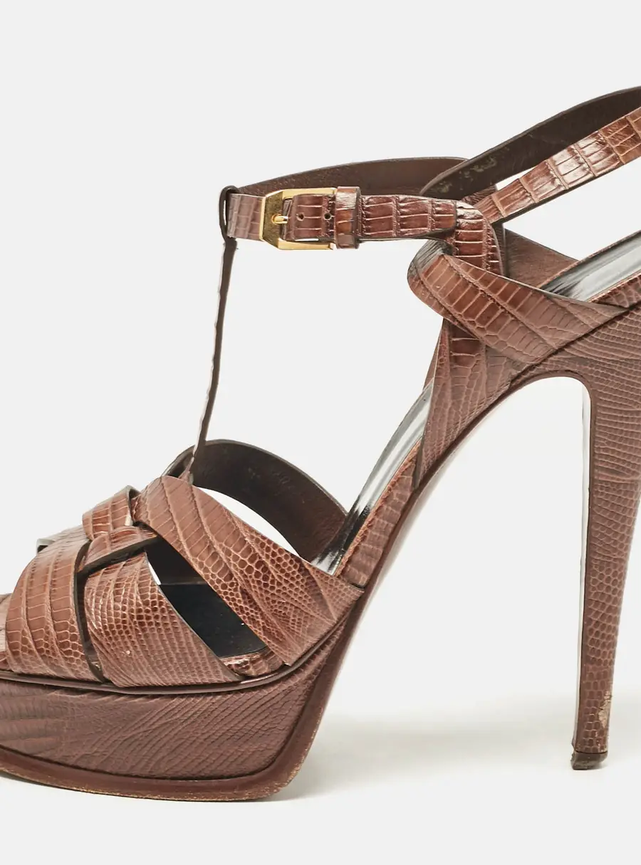 Saint Laurent Brown Lizard Embossed Leather Tribute Platform Sandals Size 39