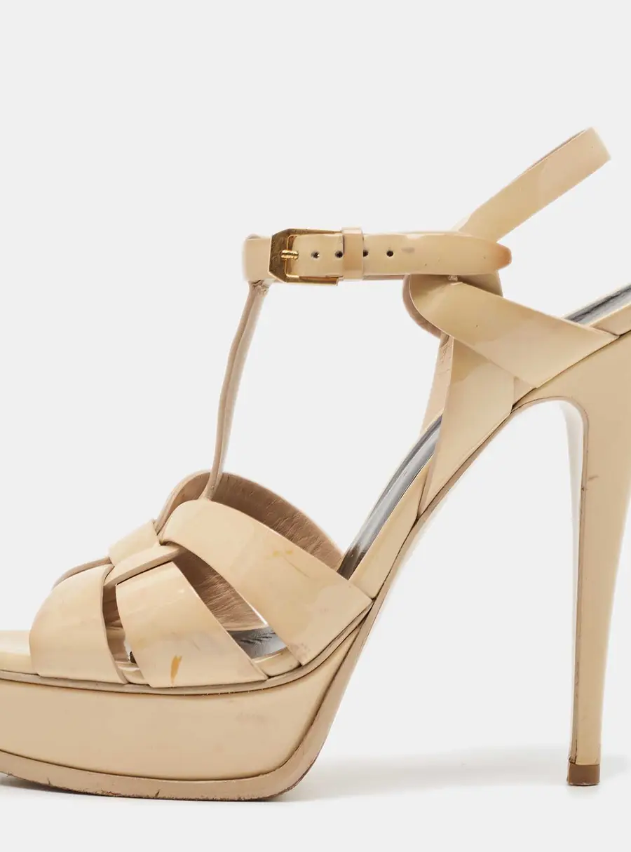 Saint Laurent Beige Patent Leather Tribute Platform Sandals Size 39