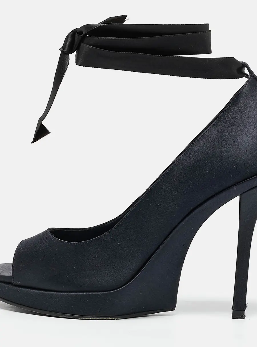 Saint Laurent Navy Blue Satin Open Toe Ankle Wrap Platform Pumps Size 37