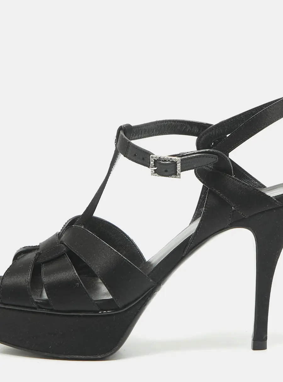 Saint Laurent Black Satin Tribute Ankle Strap Platform Sandals Size 37.5