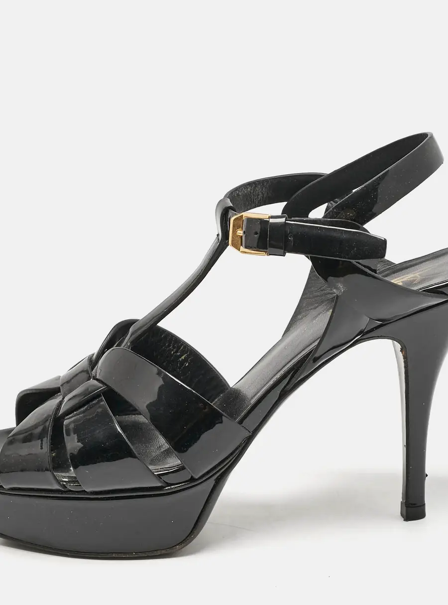 Saint Laurent Paris Tribute Size 38 Black Patent Leather Platform Sandals