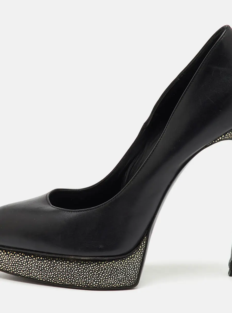 Saint Laurent Black Leather Janis Pointed Toe Platform Pumps Size 40