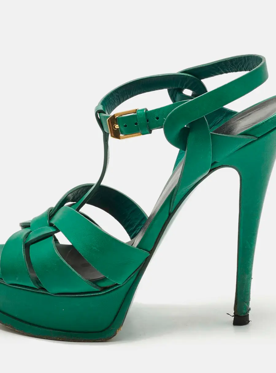 Saint Laurent Paris Tribute Size 36.5 Green Leather Platform Sandals