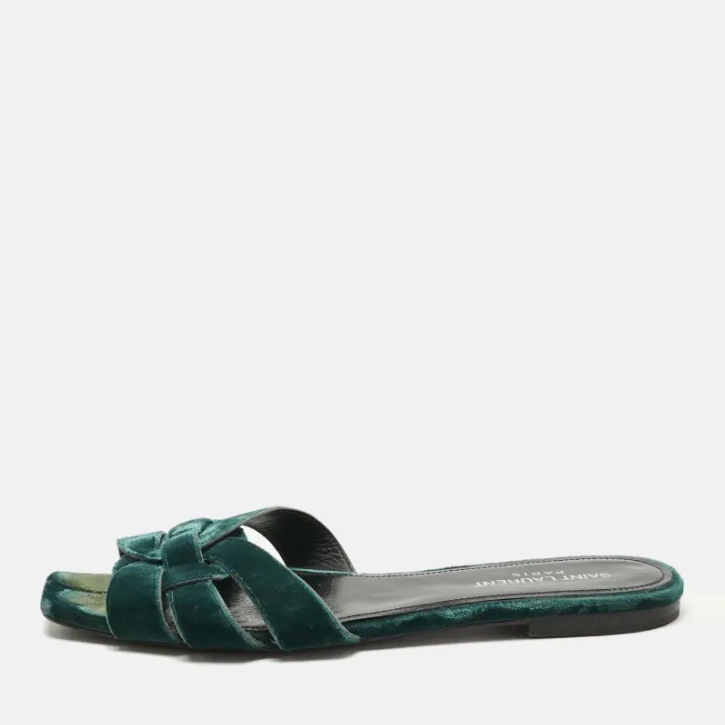 Saint Laurent Paris Green Velvet Tribute Flat Slide Size 38.5