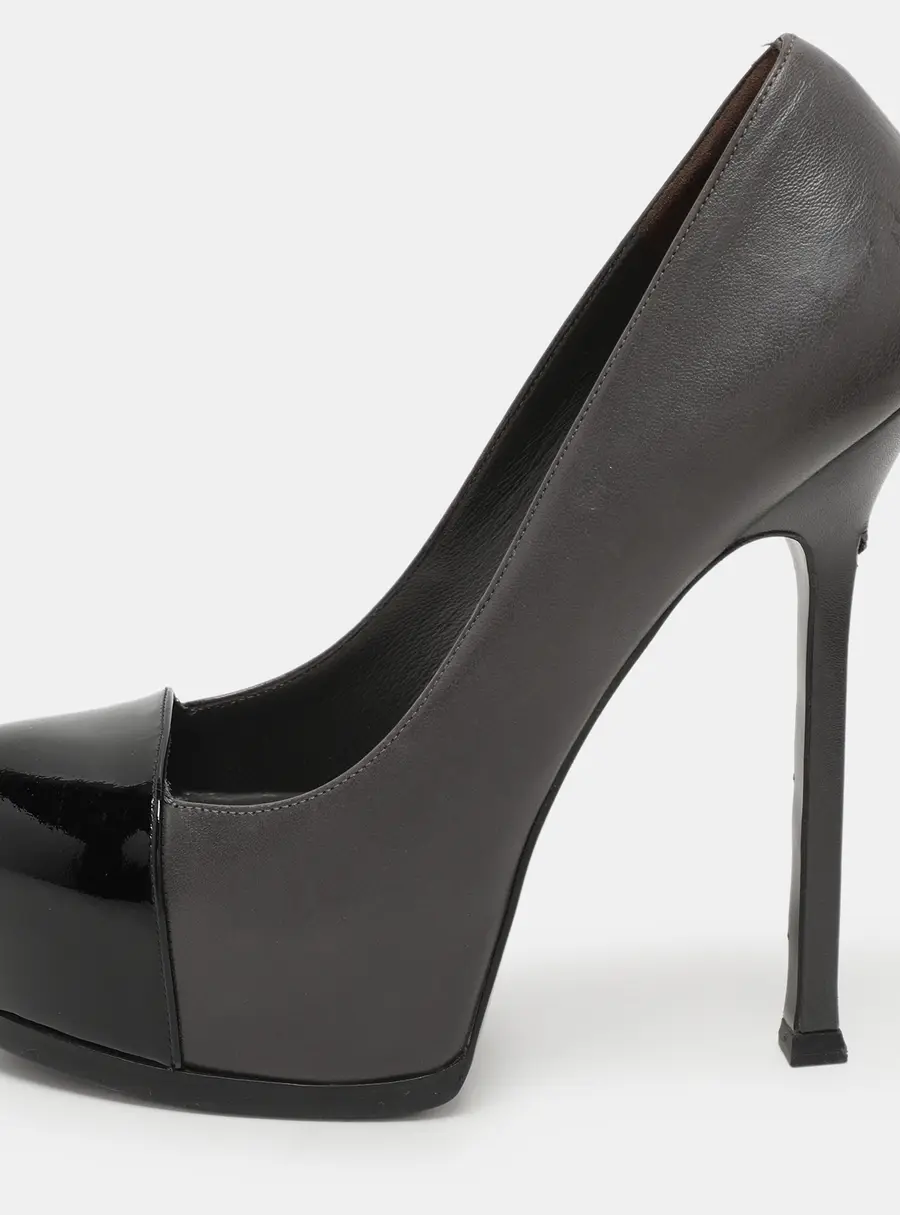 Saint Laurent Paris Grey/Black Leather Tribtoo Platform Pumps Size 38