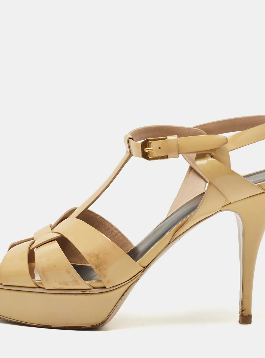 Saint Laurent Beige Patent Leather Tribute Platform Ankle Strap Sandals Size 41