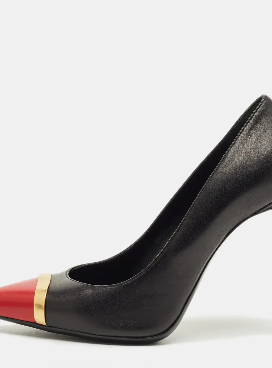 Saint Laurent Janis Size 35.5 Black/Red Leather Metal Trim Pointed Toe Pumps