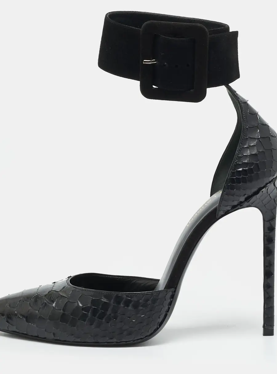 Saint Laurent Escarpin Size 39.5 Black Python and Suede Ankle Cuff Pumps