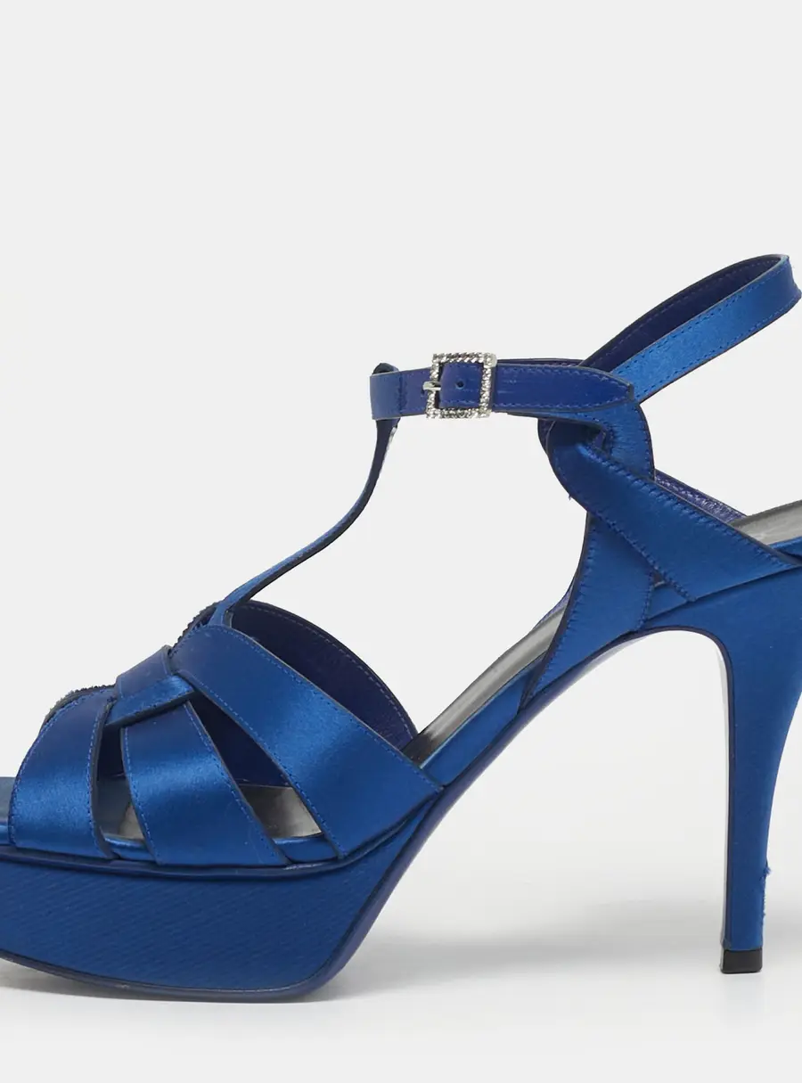 Saint Laurent Tribute Size 39 Blue Satin Platform Sandals