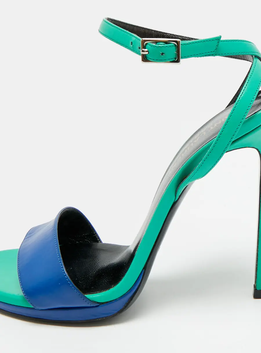 Saint Laurent Jane Size 37 Green/Blue Leather Ankle Strap Sandals