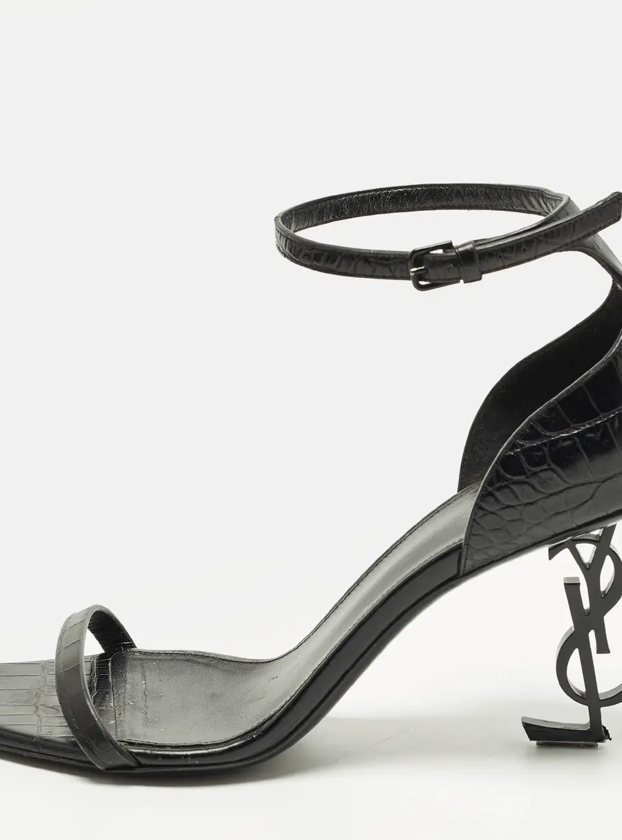 Saint Laurent Opyum Size 39.5 Black Croc Embossed Leather Ankle Strap Sandals