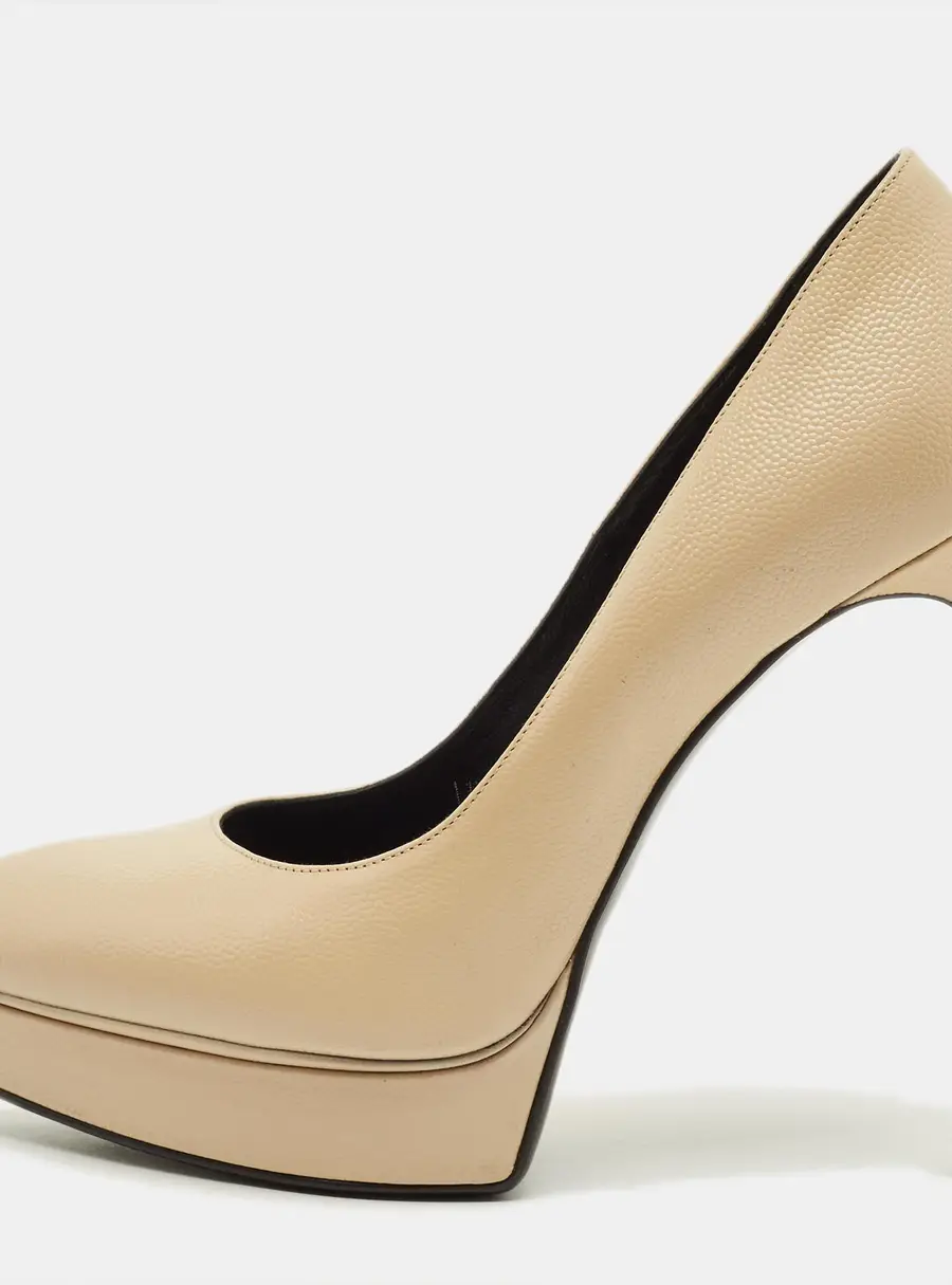 Saint Laurent Janis Size 37.5 Beige Leather Platform Pumps