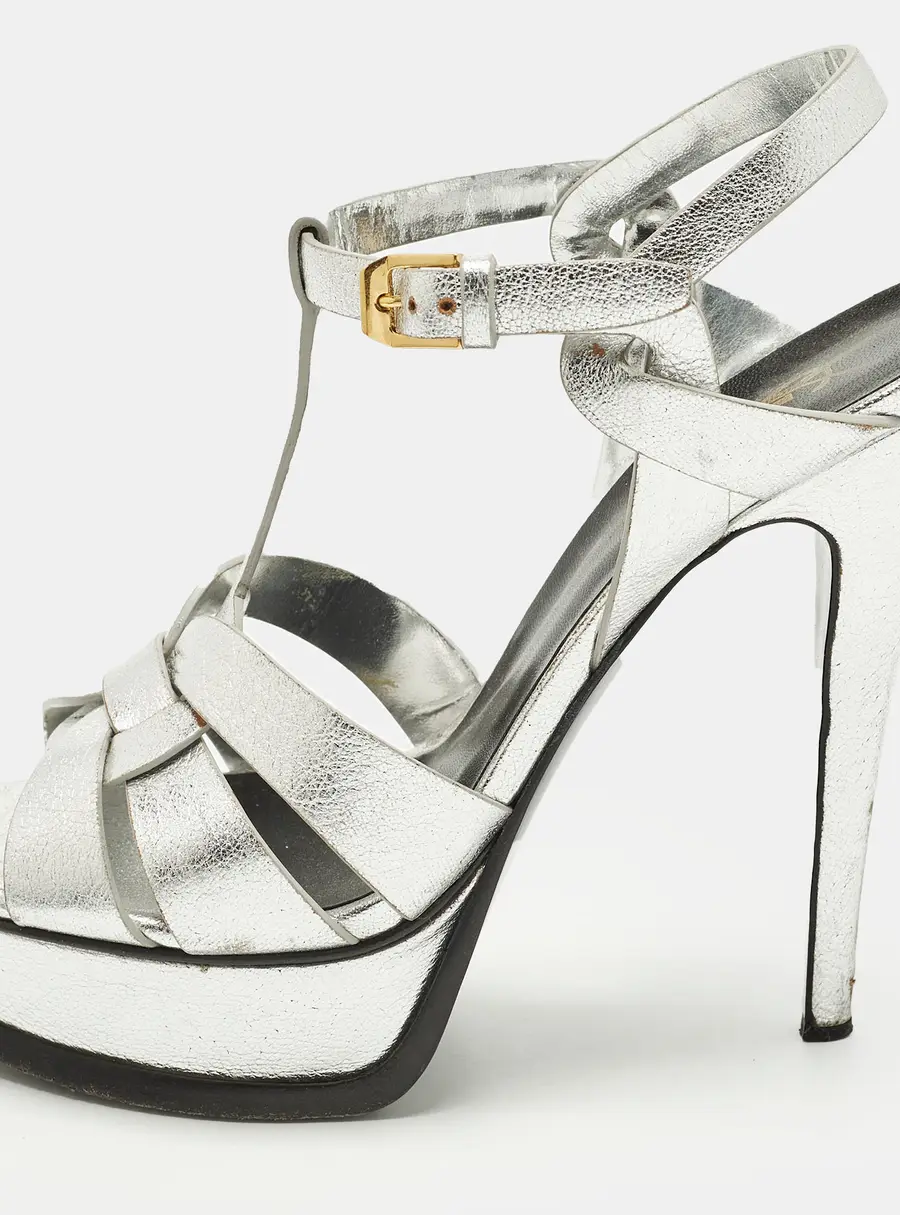 Saint Laurent Tribute Size 37 Silver Leather Platform Sandals