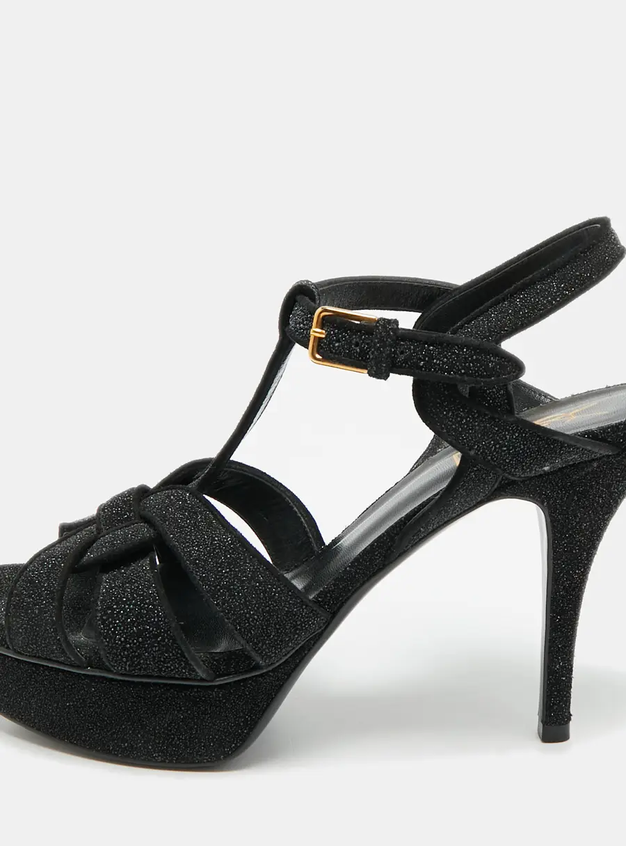 Saint Laurent Tribute Size 38 Black Texture Suede Ankle Strap Sandals