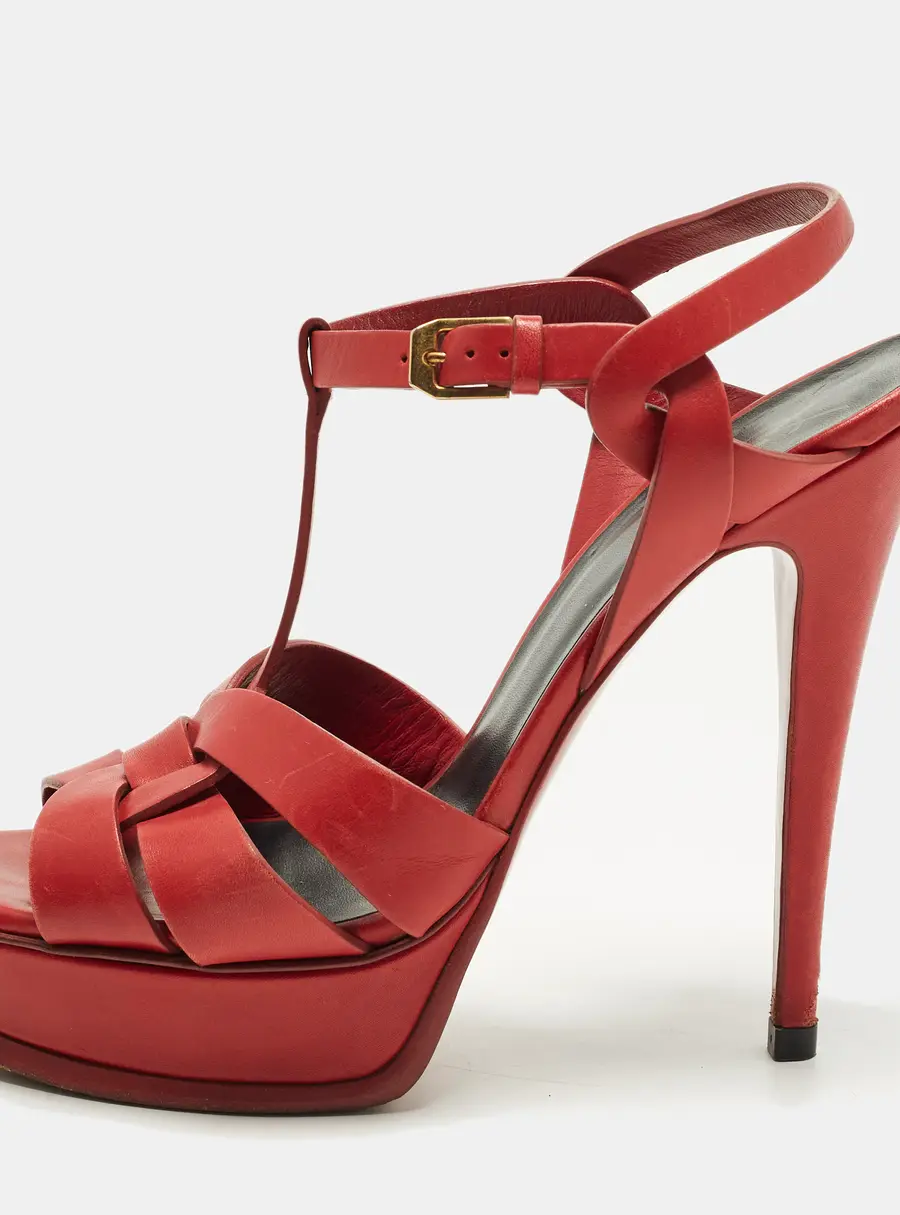 Saint Laurent Tribute Size 39 Red Leather Ankle Strap Sandals