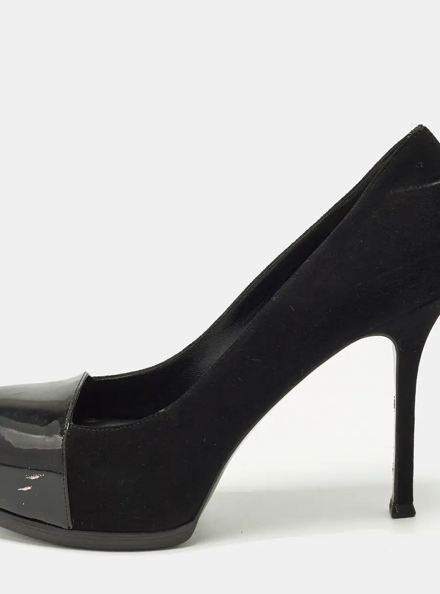 Saint Laurent Tribtoo Size 38 Black Patent Leather and Suede Platform Pumps