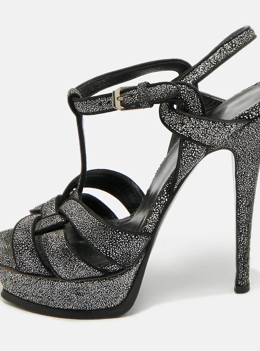 Saint Laurent  Tribute Size 39 Black/Silver Glitter Suede Platform Sandals