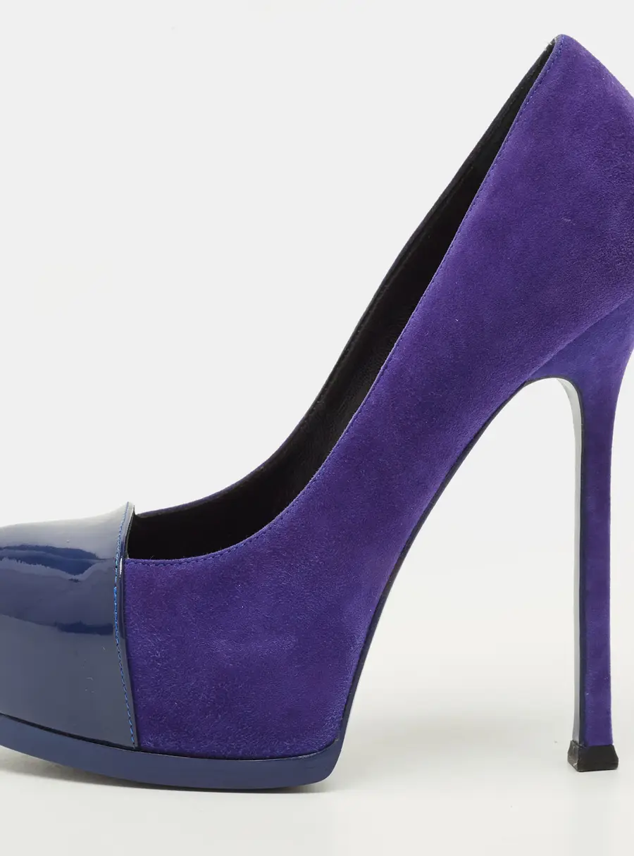 Saint Laurent Paris Tribtoo Size 37 Blue Suede Platform Pumps