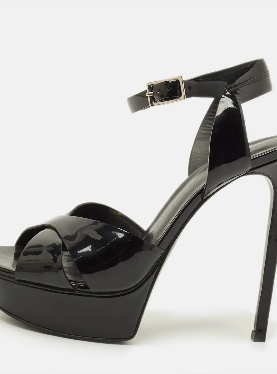 Saint Laurent Bianca Size 37 Black Patent Leather Ankle Strap Sandals