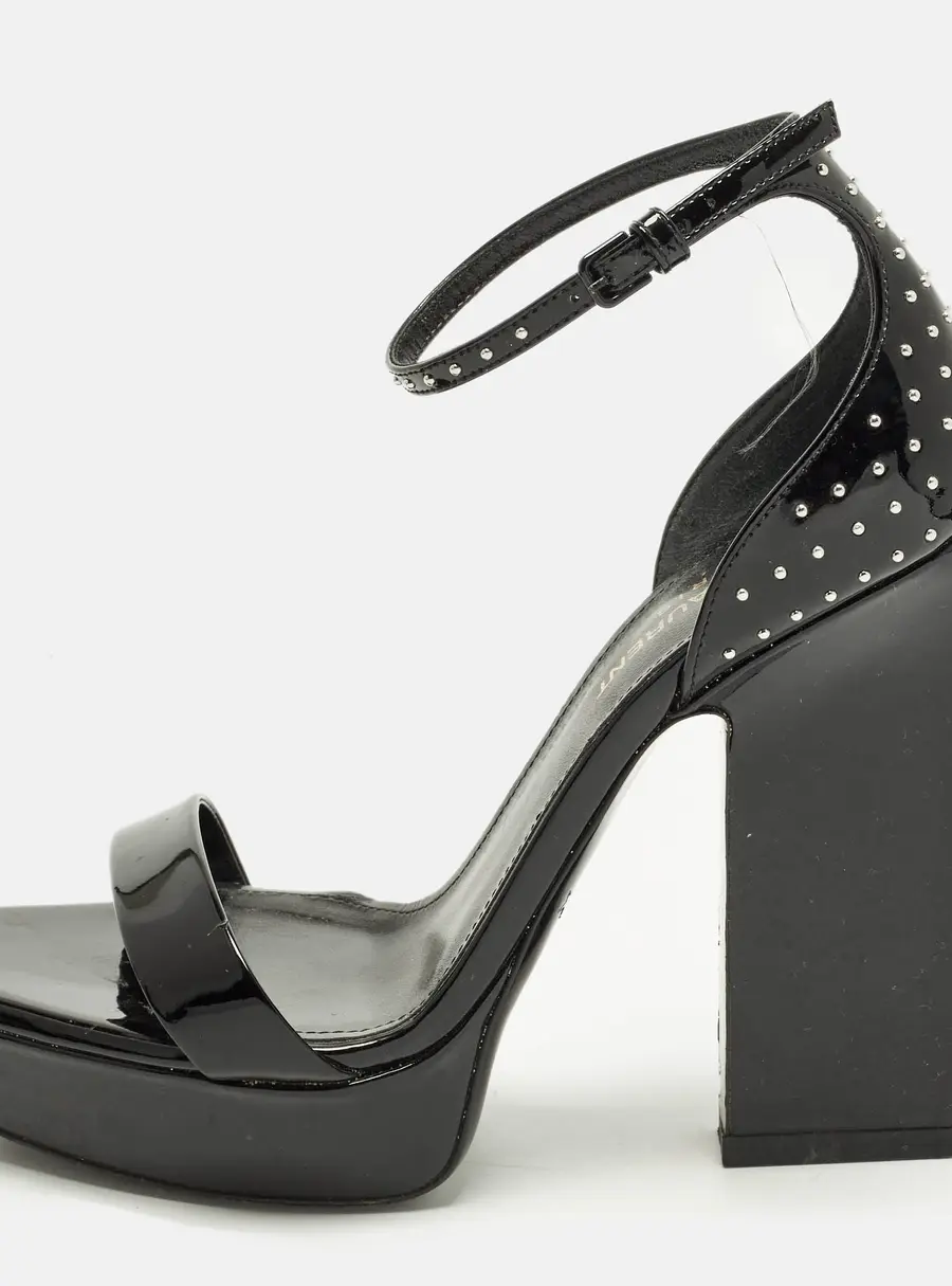 Saint Laurent Size 37.5 Black Patent Leather Ankle Strap Sandals