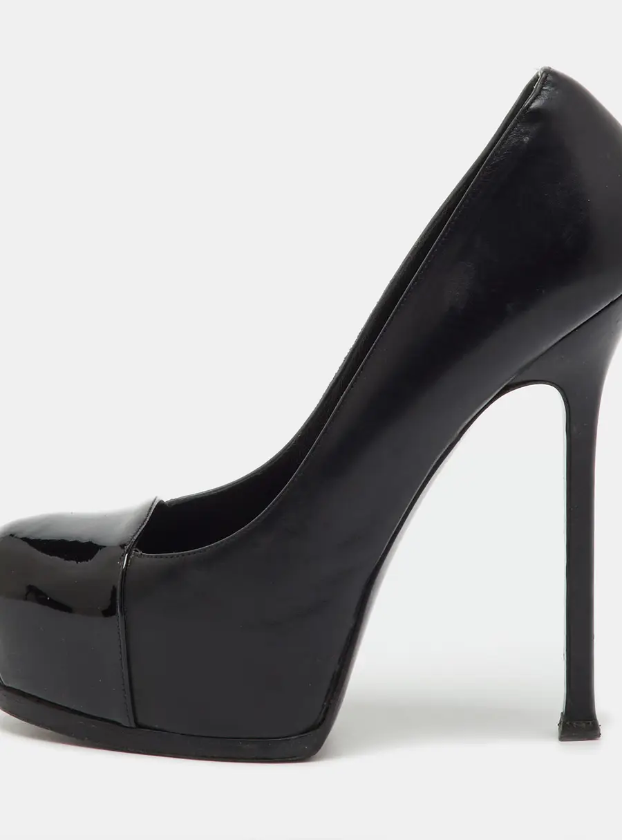 Saint Laurent Black Leather and Patent Leather Cap Toe Tribtoo Platform Pumps Size 38