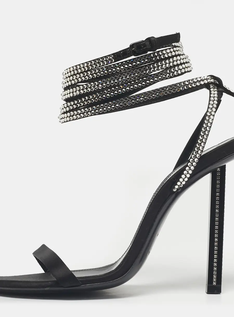 Saint Laurent Black Satin Georgia Ankle Strap Sandals Size 38