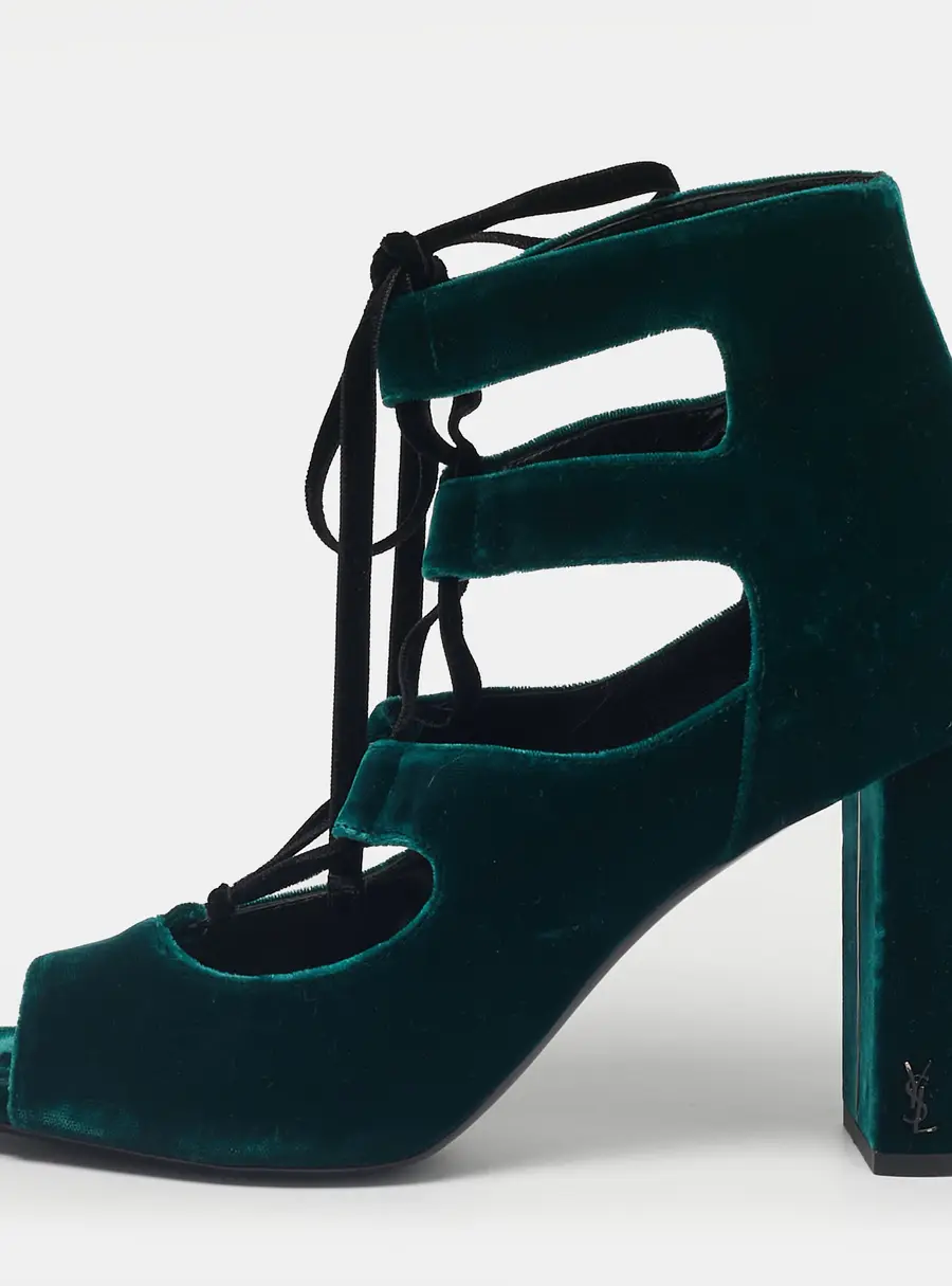 Saint Laurent Dark Green Velvet Loulou Ankle Tie Sandals Size 41