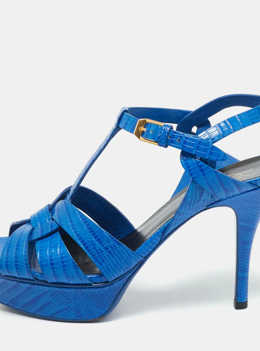 Saint Laurent Paris Blue Lizard Embossed Leather Tribute Platform Sandals Size 37.5
