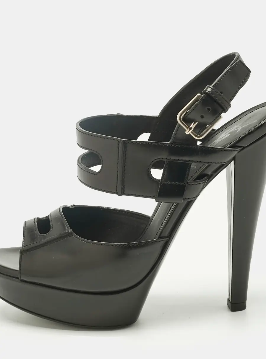 Saint Laurent Black Leather Double Cutout Strap Ankle Strap Sandals Size 36.5