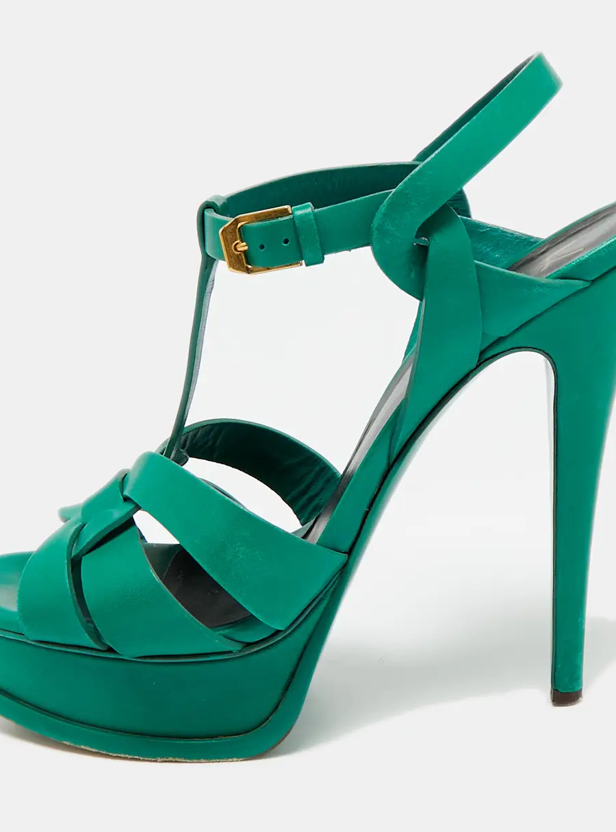 Saint Laurent Tribute Size 38.5 Green Leather Ankle Strap Sandals