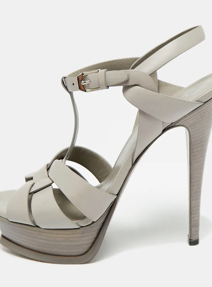 Saint Laurent Tribute Size 38.5 Grey Leather Ankle Strap Sandals