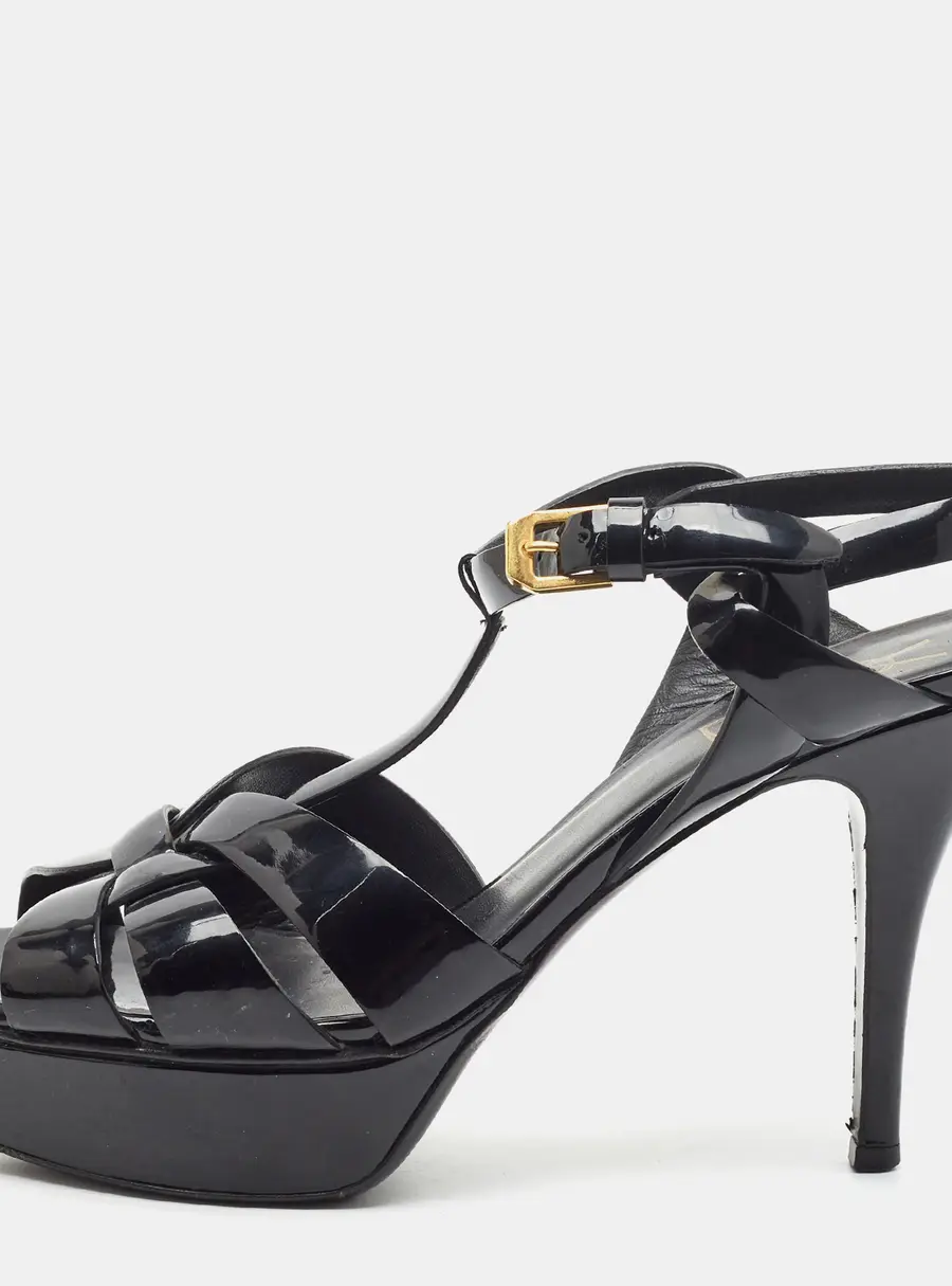 Saint Laurent Tribute Size 38 Black Patent Leather Ankle Strap Sandals