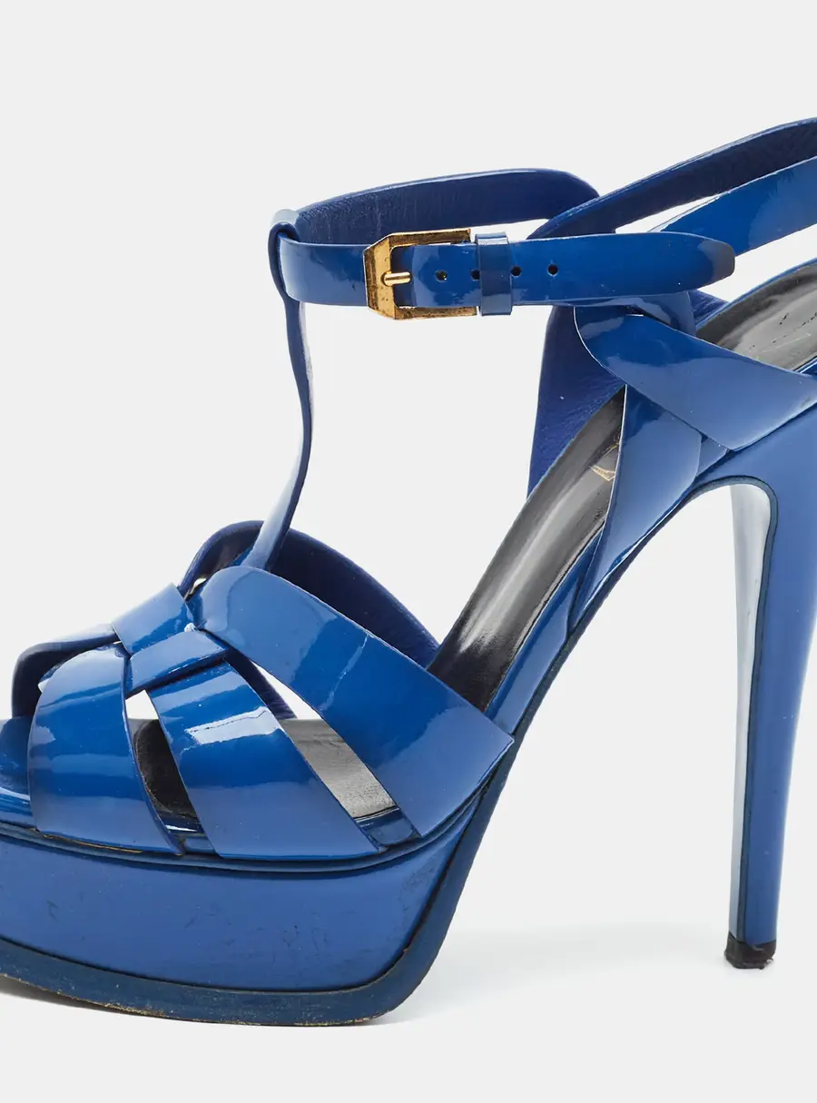 Saint Laurent Tribute Size 35 Blue Patent Leather Ankle Strap Sandals