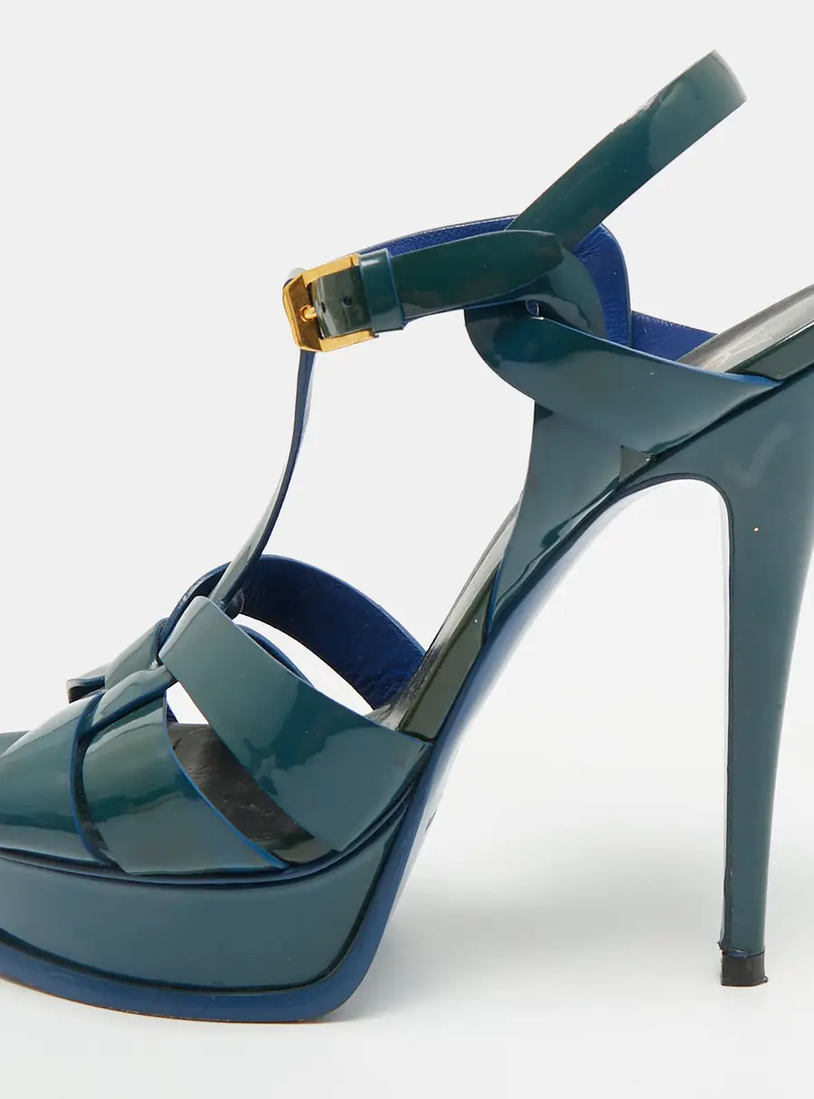 Saint Laurent Tribute Size 38 Navy Blue Patent Leather Platform Sandals