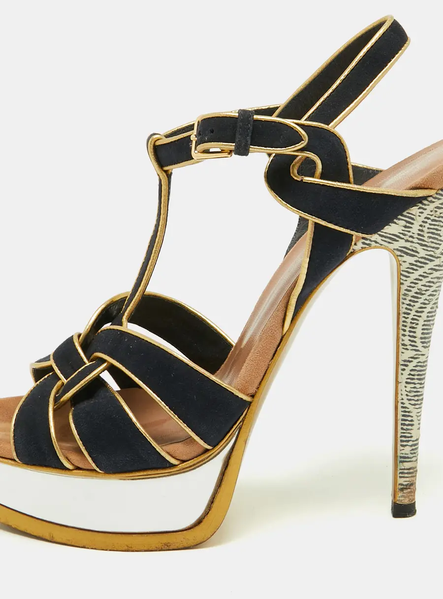Saint Laurent Tribute Size 37 Navy Blue/Gold Leather and Suede Ankle Strap Sandals