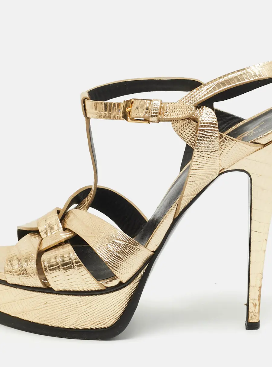 Saint Laurent Tribute Size 39 Gold Lizard Embossed Leather Ankle Strap Sandals