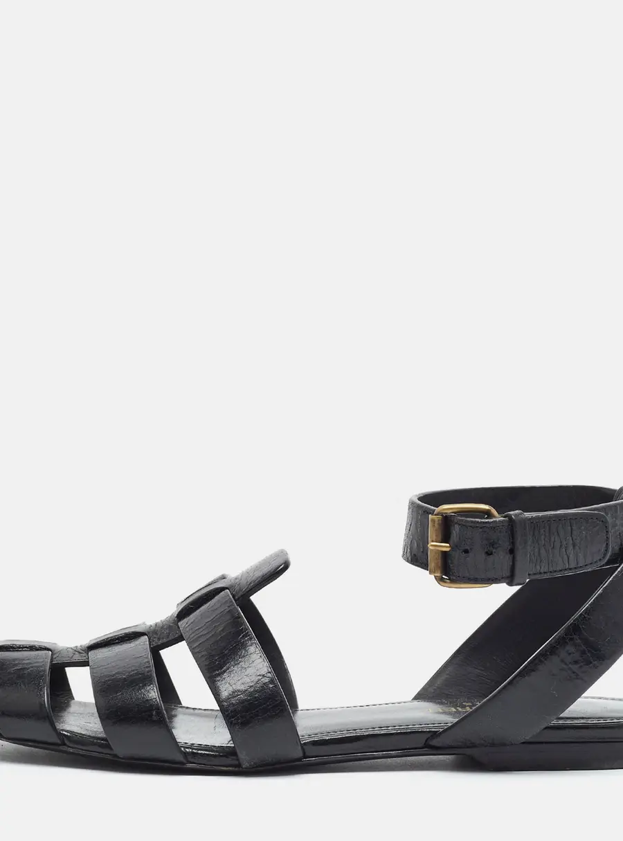 Saint Laurent Tribute Size 37.5 Black Leather Ankle Strap Flats