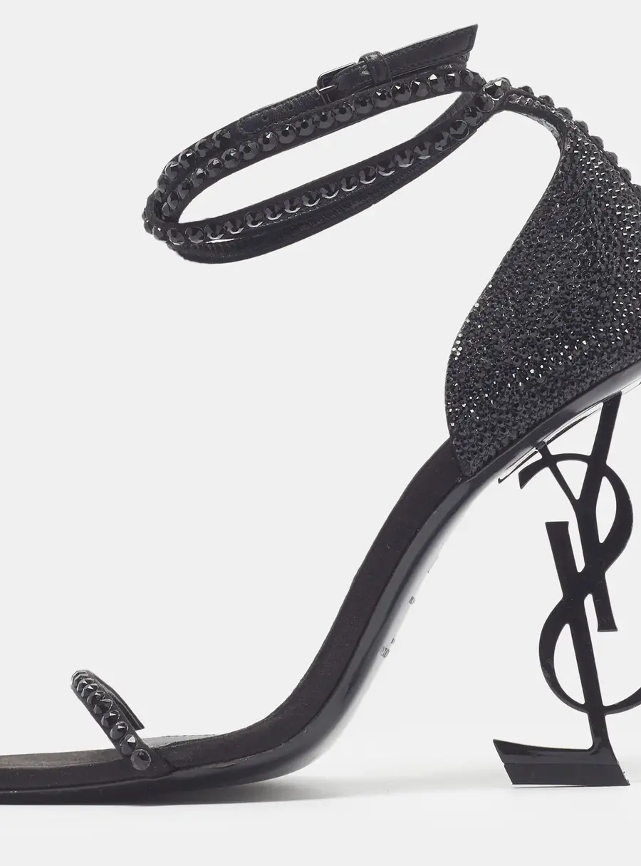 Saint Laurent Opyum Size 37 Black Crystals and Satin Ankle Strap Sandals