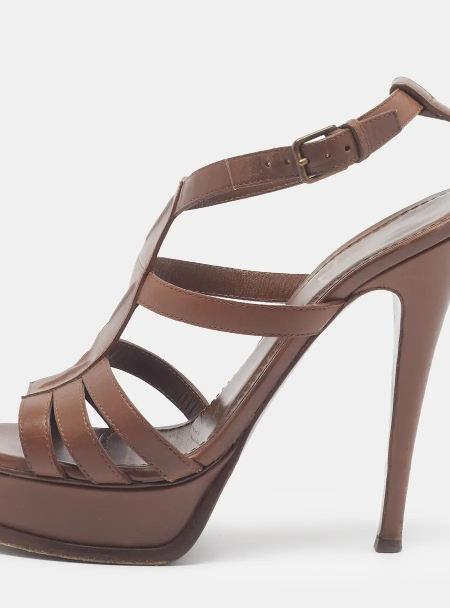Saint Laurent Tribute Size 38.5 Dark Brown Leather Platform Sandals