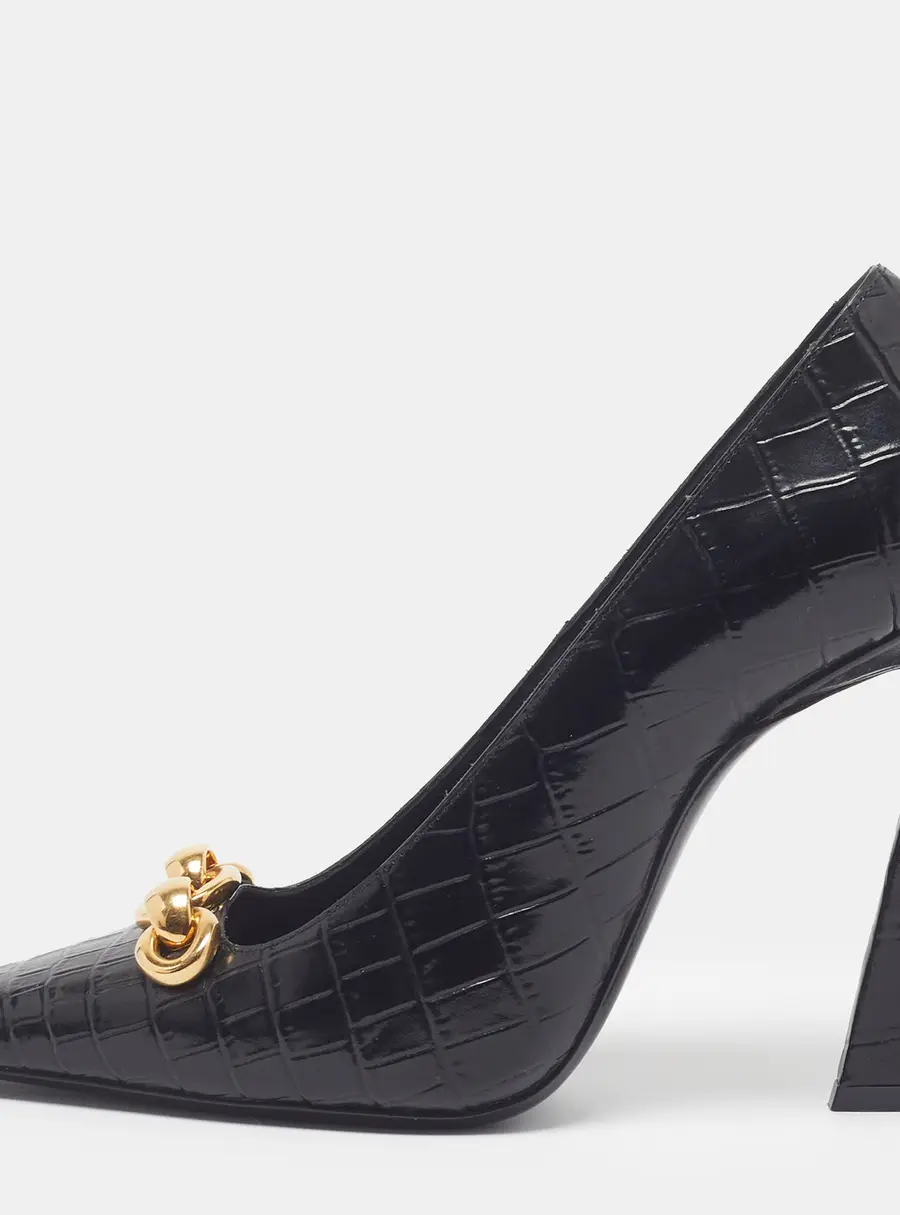 Saint Laurent Silvana Size 37.5 Black Croc Embossed Leather Pumps