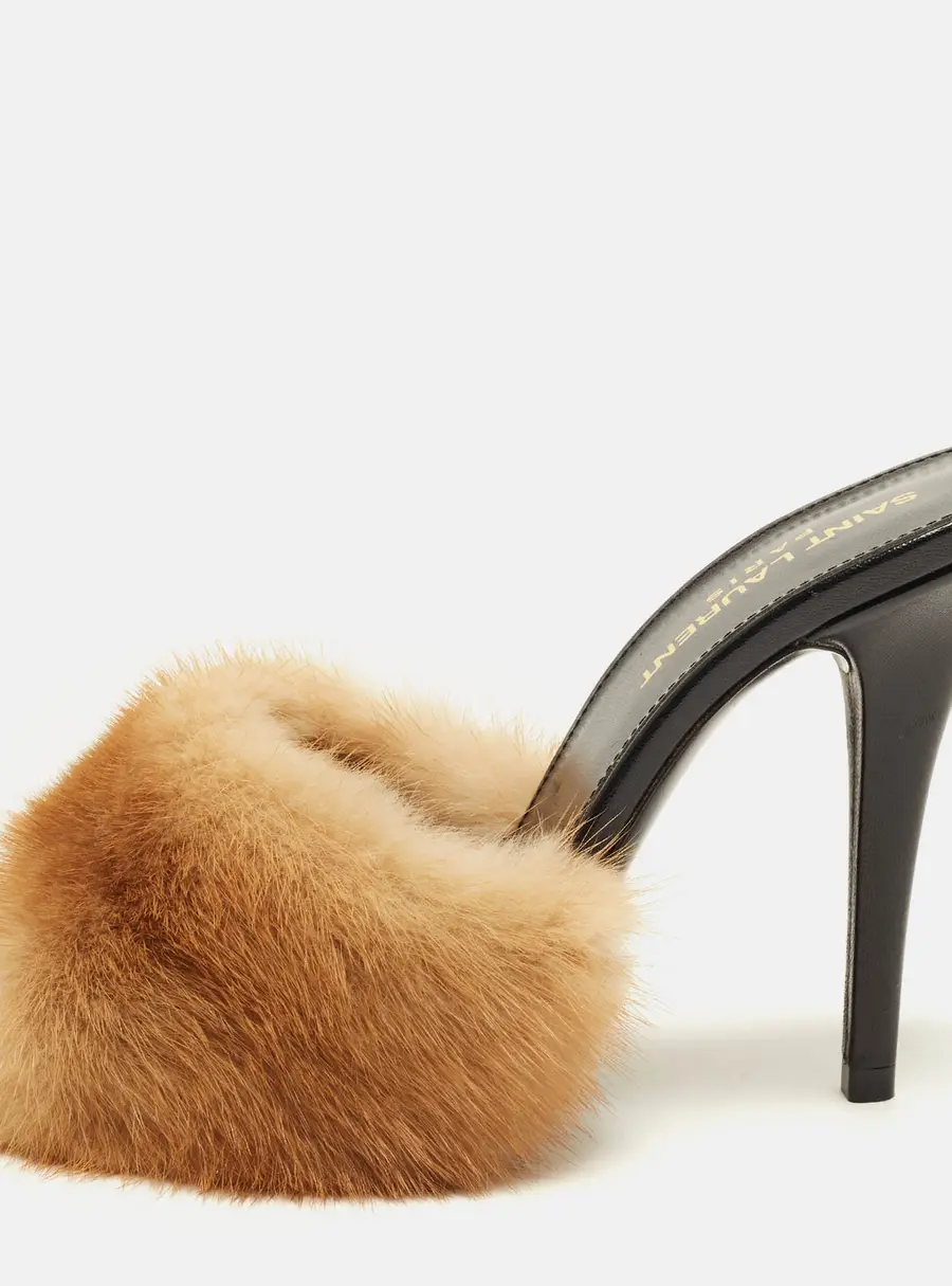 Saint Laurent LA 16 Size 38 Beige Mink Fur Slide Sandals