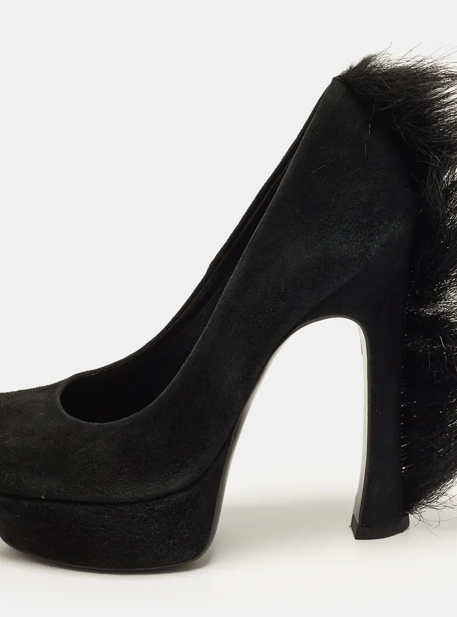 Saint Laurent Palais Size 36.5 Black Fur and Suede Platform Pumps